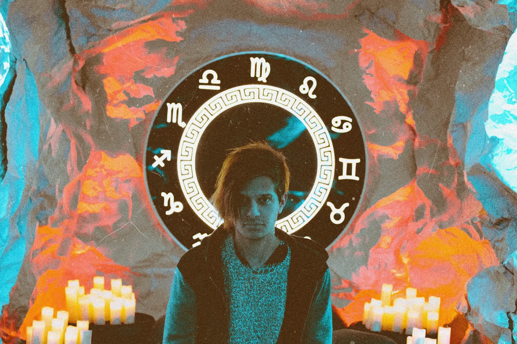 Omri in an experimental set with illuminated symbols